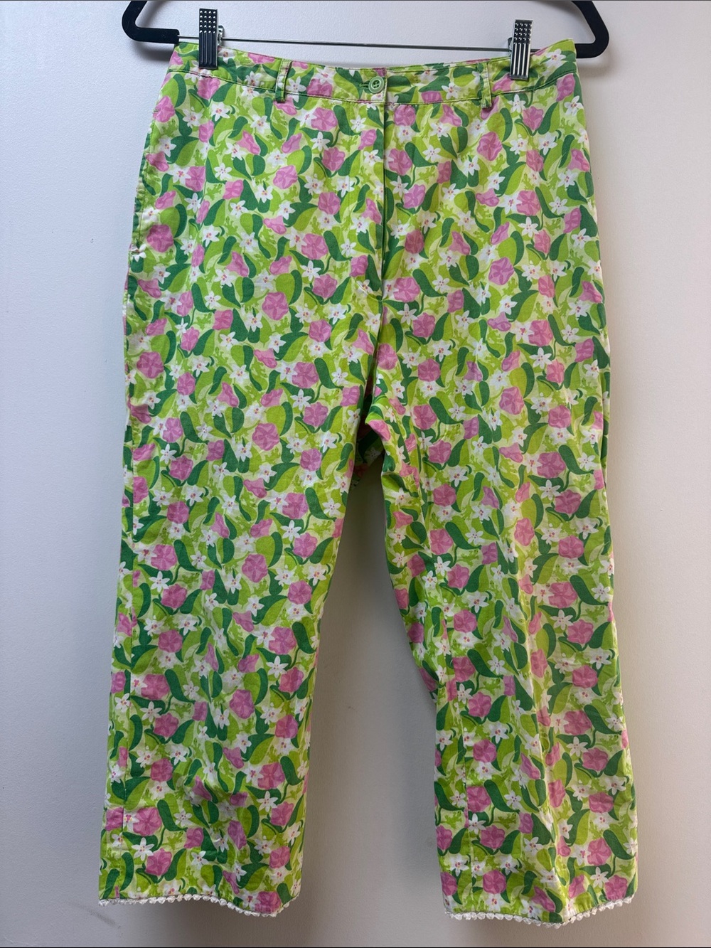 Lilly Pulitzer Green Pink Spring Floral Print Cropped Preppy Pant Cotton Stretch